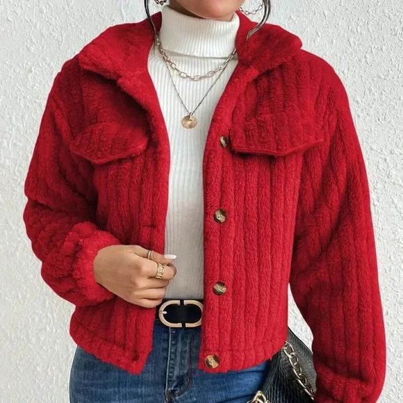 Red Casual Women's Plush Flap Jacket - Picture 5 of 6
